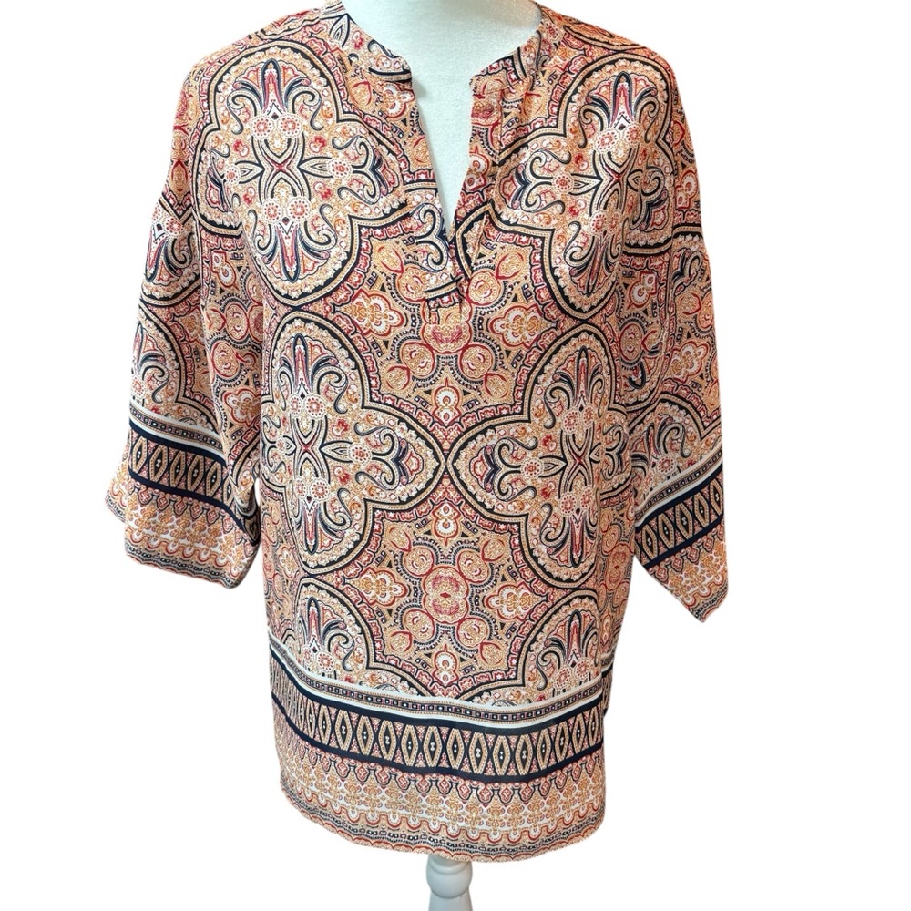 Violet + Claire ‎ Paisley Print Split Neck 3/4 Sleeve Tunic Blouse Orange S #265